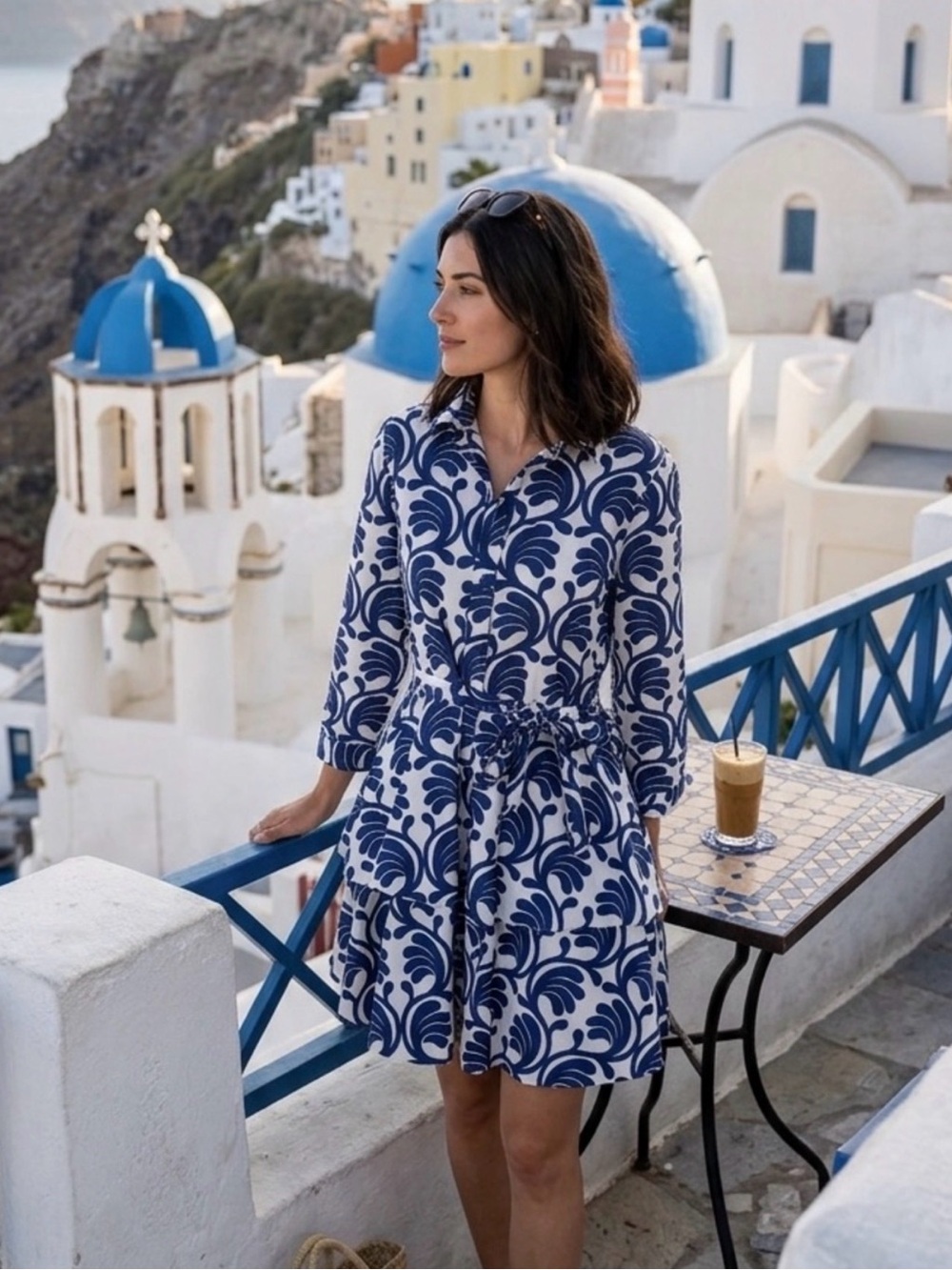 ZARA Blue and White Swirl Print Tiered Ruffle Mini Shirt Dress Size Medium